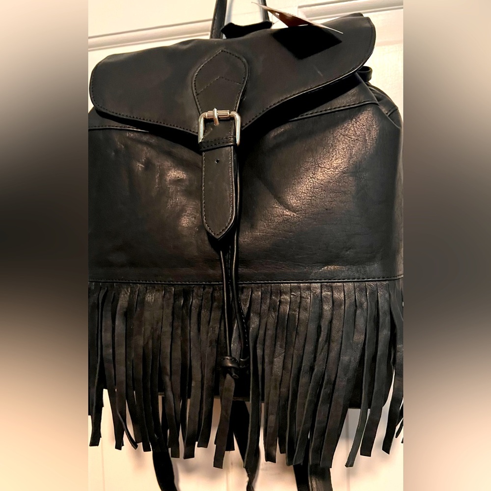 NWT Black Leather Fringed Backpack New Country Biker Western
